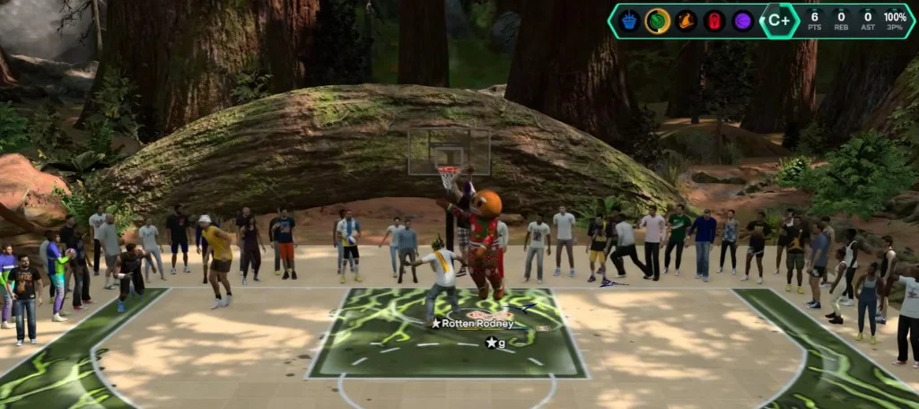 NBA 2K27 Park gameplay in a forest court with players and crowd
