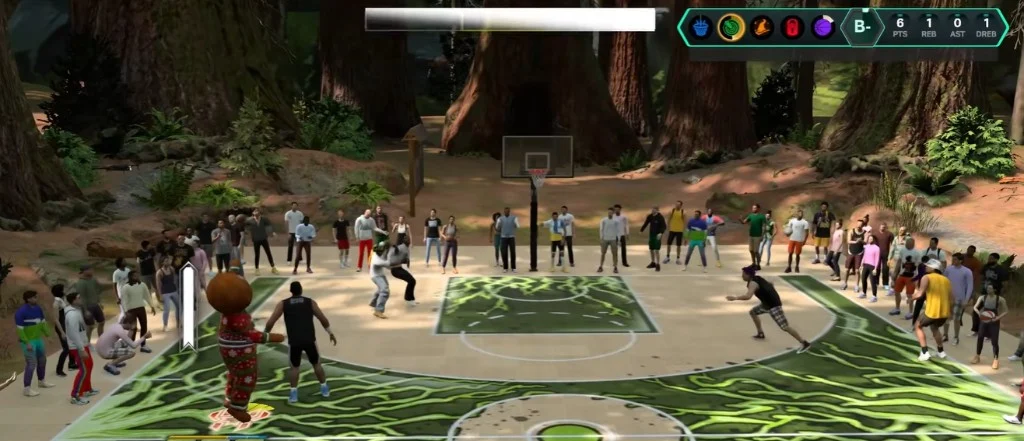 NBA 2K27 streetball match with defensive stance on outdoor court