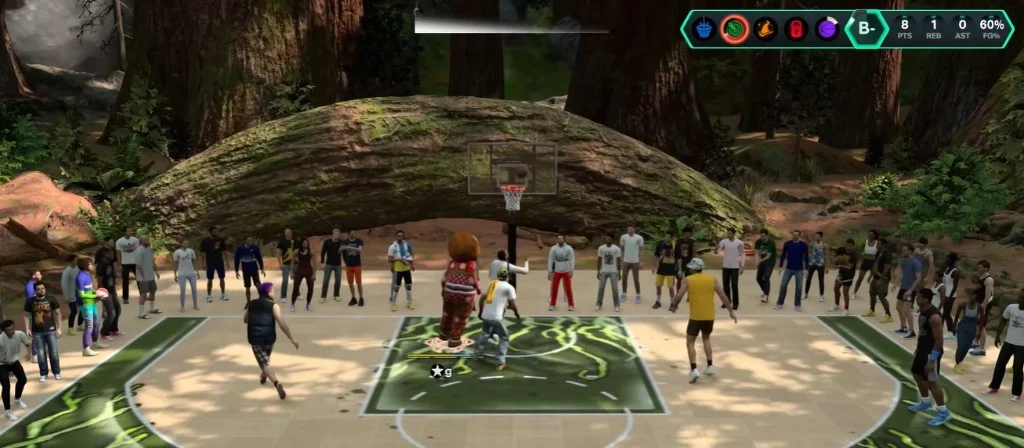 NBA 2K27 Park dunk attempt under forest log arch