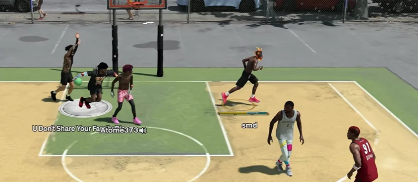NBA 2K27 Park game with custom avatars near chain-link court
